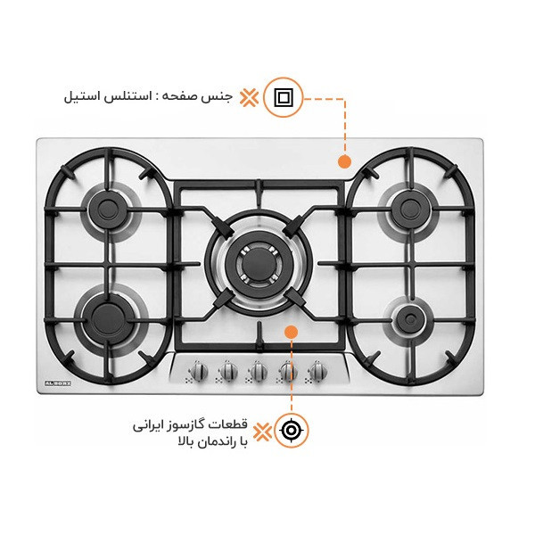 اجاق گاز صفحهای پنج شعله استیل البرز مدل S5955